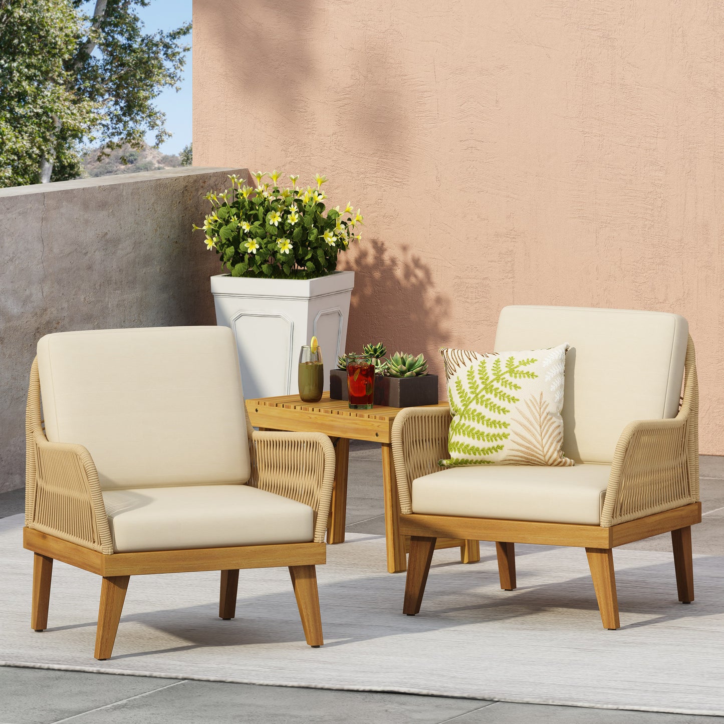 Hueber Outdoor Acacia Wood Club Chairs with Cushion, Set of 2, Teak, Light Brown, and Beige