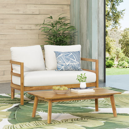 Aggie Outdoor Acacia Wood Loveseat and Coffee Table Set, Teak and White
