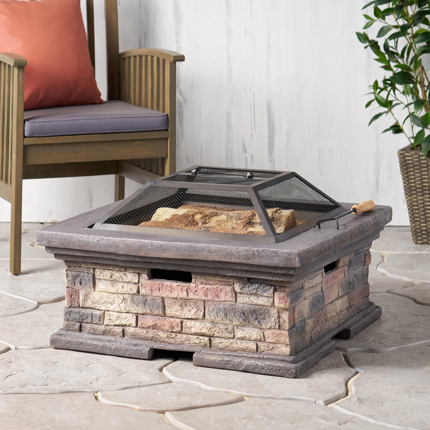 Neosho Outdoor Lightweight Concrete Wood Burning Square Fire Pit, Stone Finish