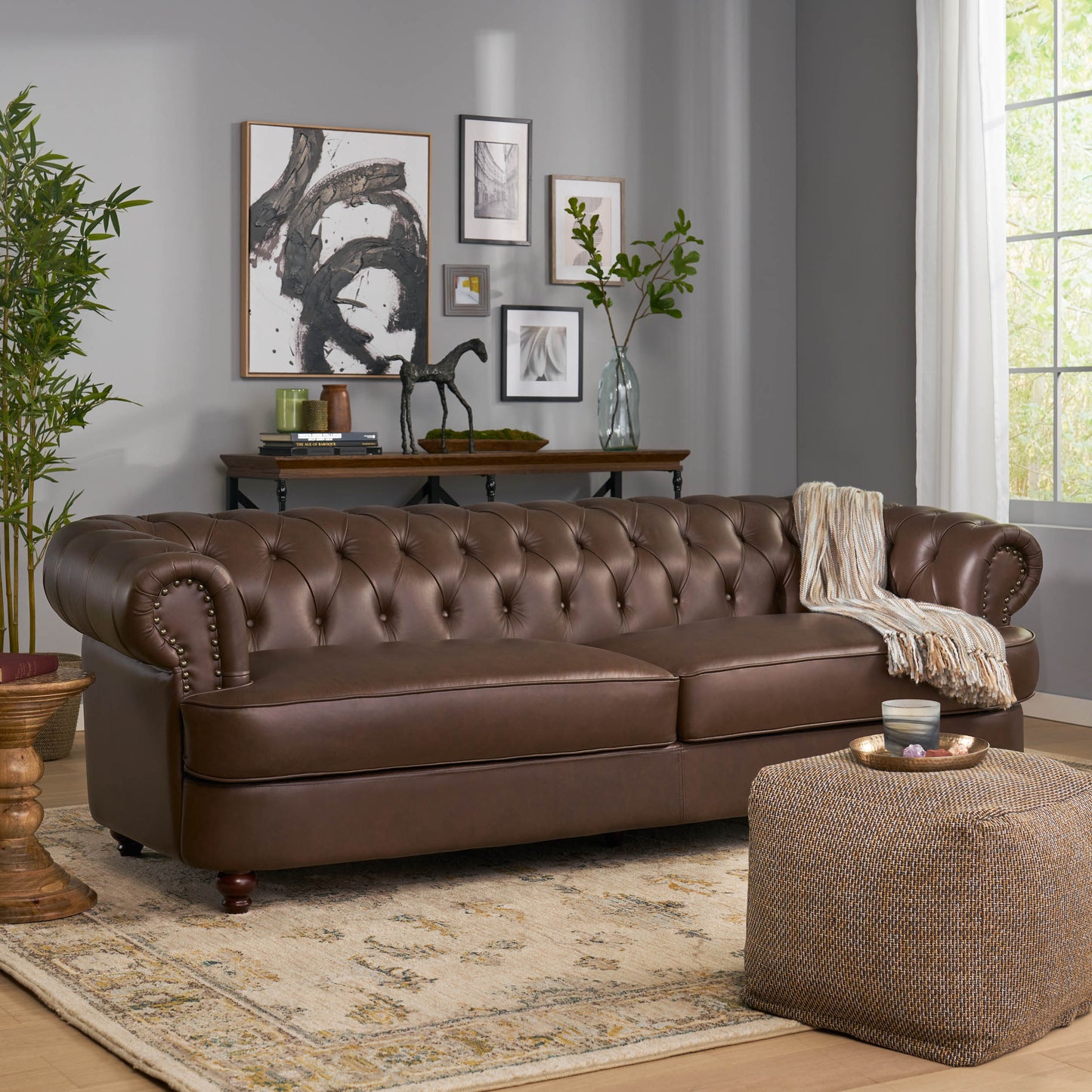 Saley Contemporary Leather Tufted 3 Seater Sofa with Nailhead Trim