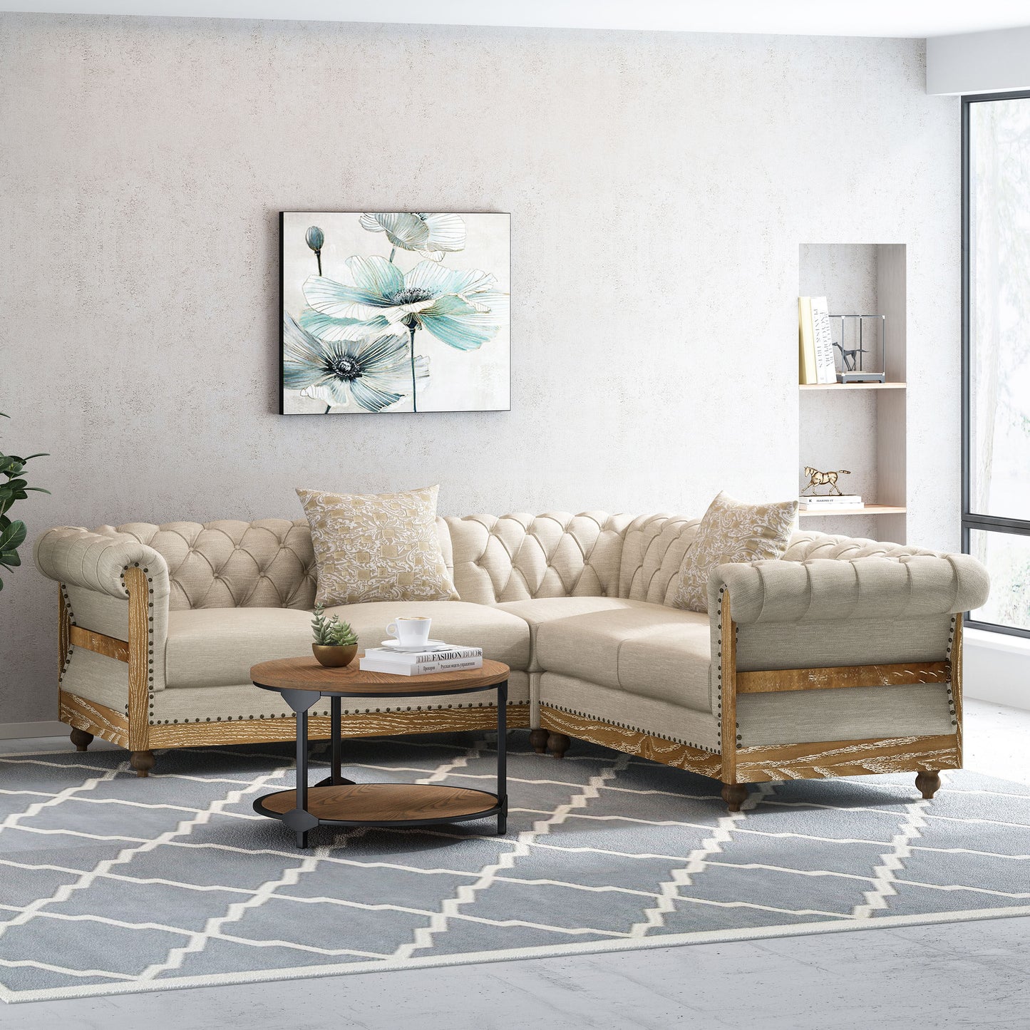 Alejandro Chesterfield Tufted Fabric 5 Seater Sectional Sofa with Nailhead Trim
