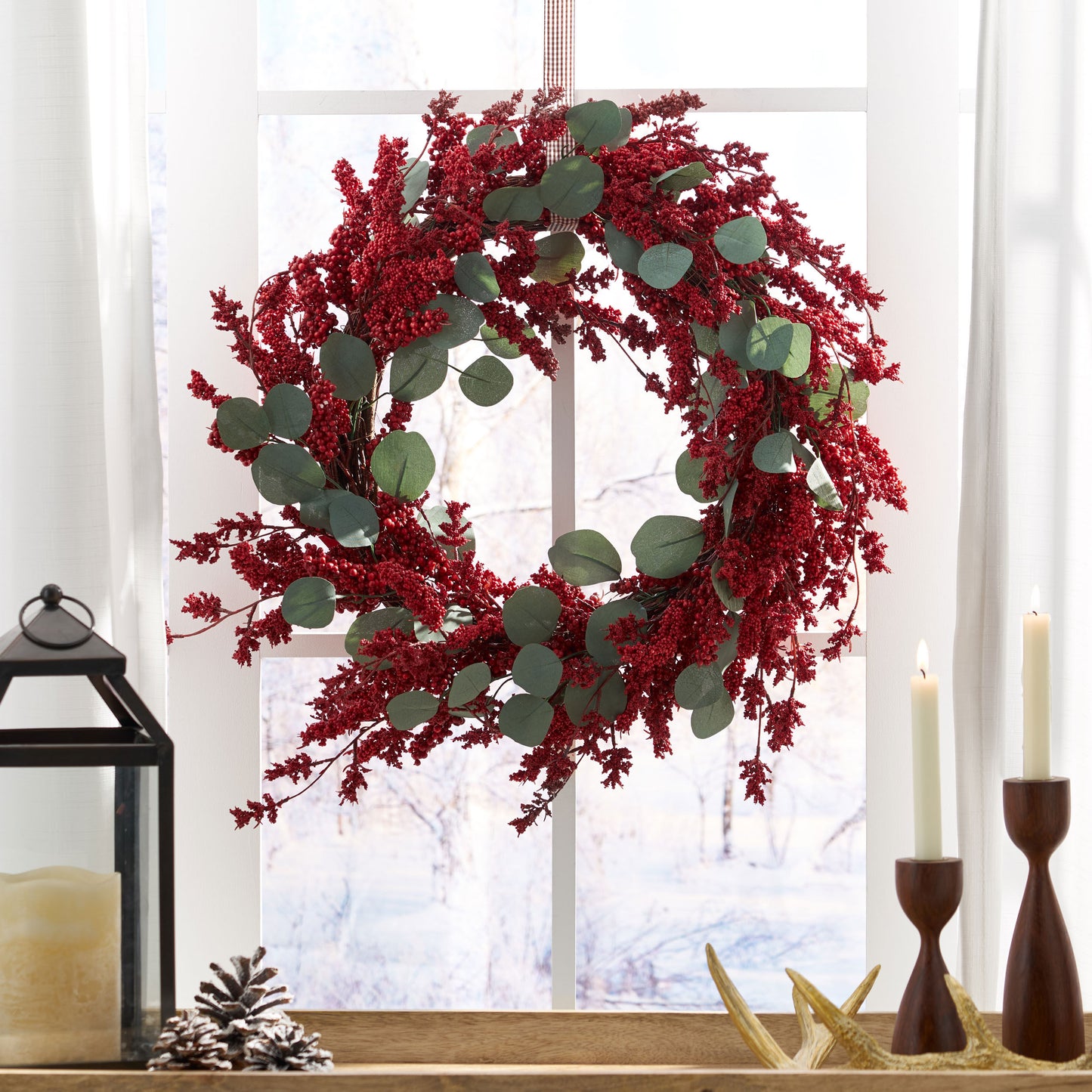 Sedlari 29" Eucalyptus Artificial Wreath with Berries, Green and Red