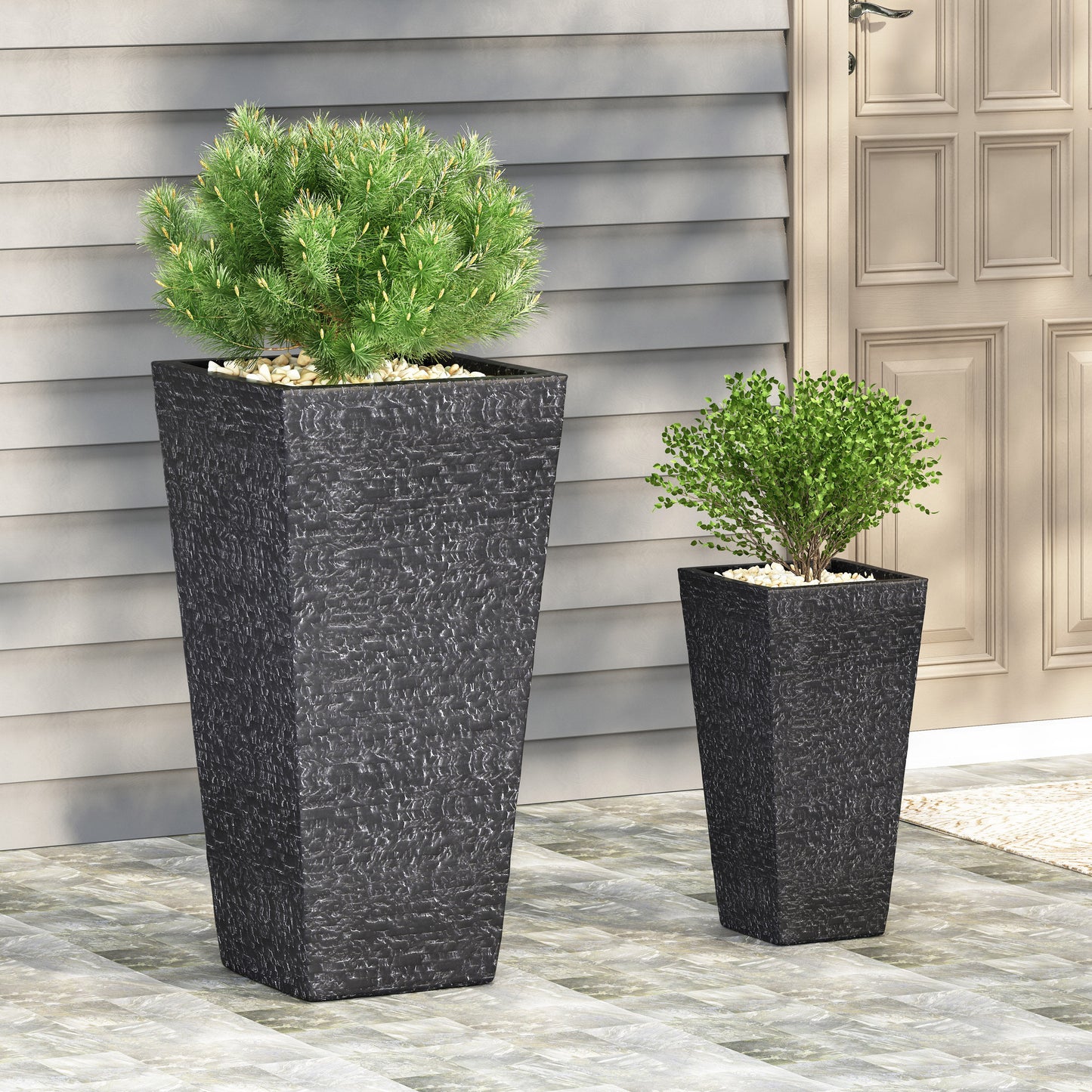 Tengren Outdoor Large and Small Cast Stone Planters, Set of 2, Gray