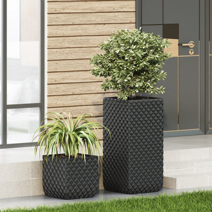 Harlar Outdoor Large and Small Cast Stone Planters, Set of 2, Matte Black