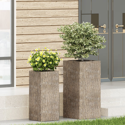 Berkamn Outdoor Medium and Small Cast Stone Planters, Set of 2, Brown Wood
