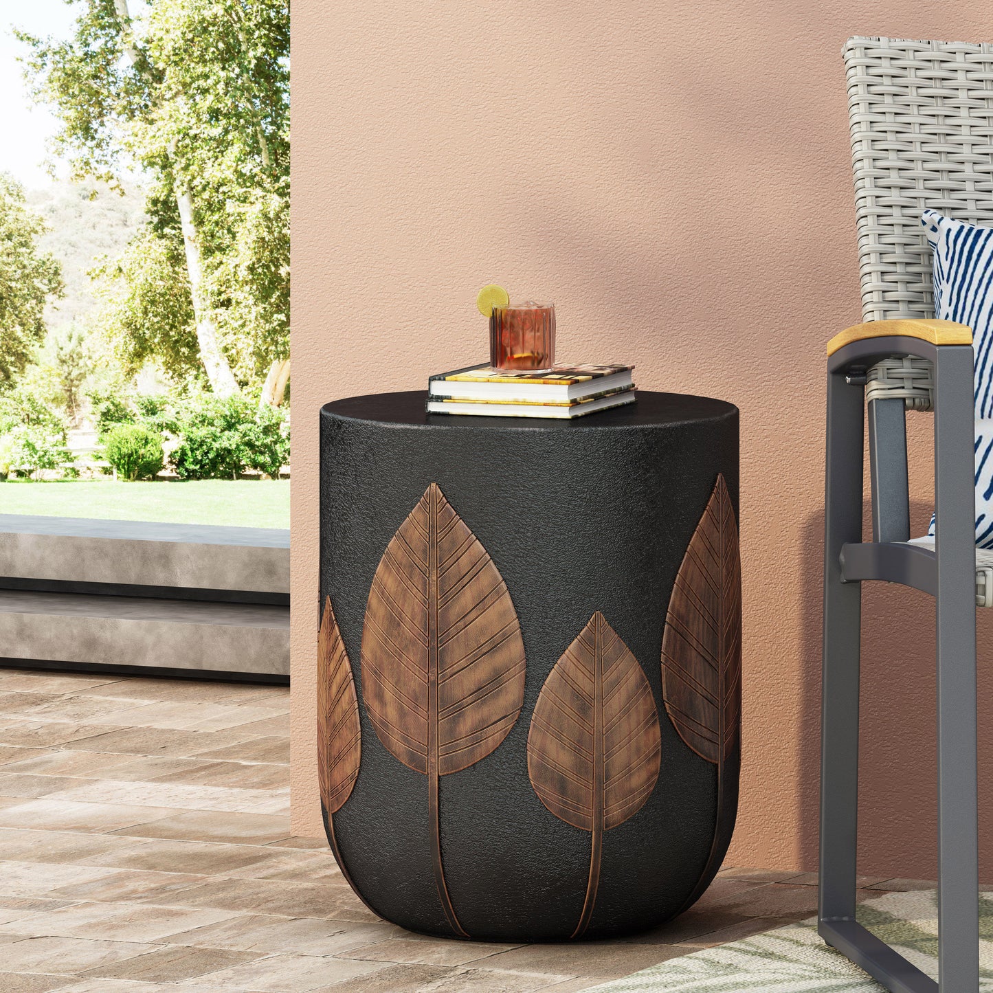 Travis Outdoor Lightweight Concrete Side Table, Black and Antique Copper