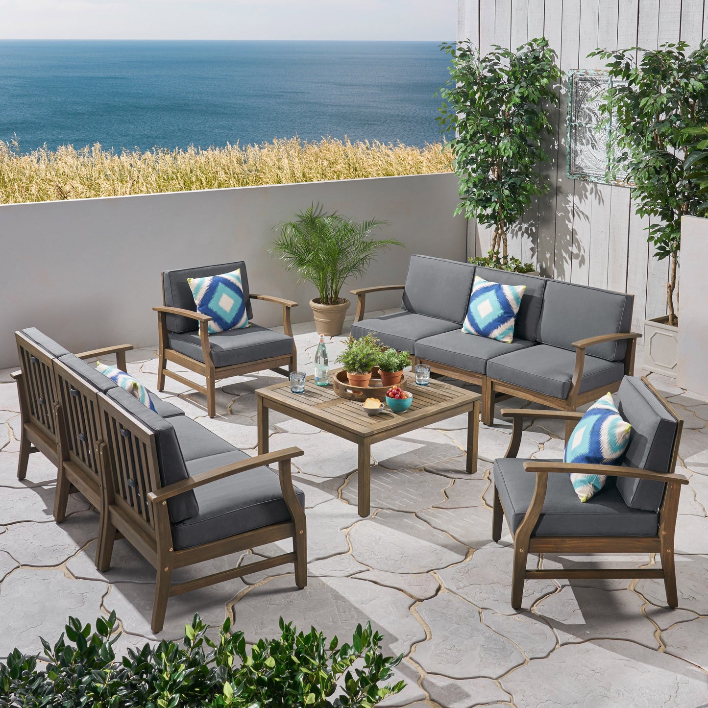 Lorelei Outdoor 9 Piece Acacia Wood Sofa Conversational Set