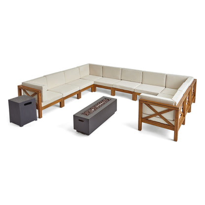 Lorelei Outdoor Acacia Wood 10 Seater U-Shaped Sectional Sofa Set with Fire Pit