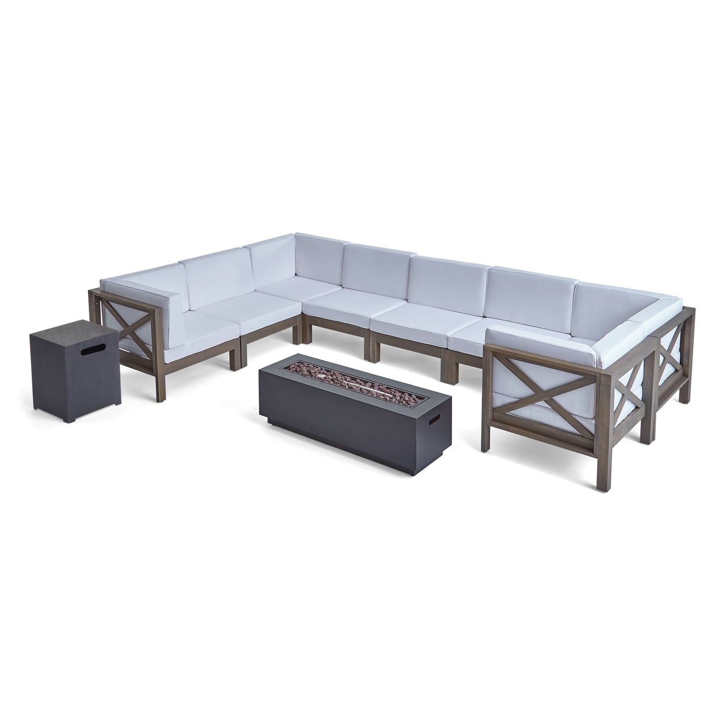 Muriel Outdoor Farmhouse Acacia Wood 8 Seater U-Shaped Sectional Sofa Set with Fire Pit