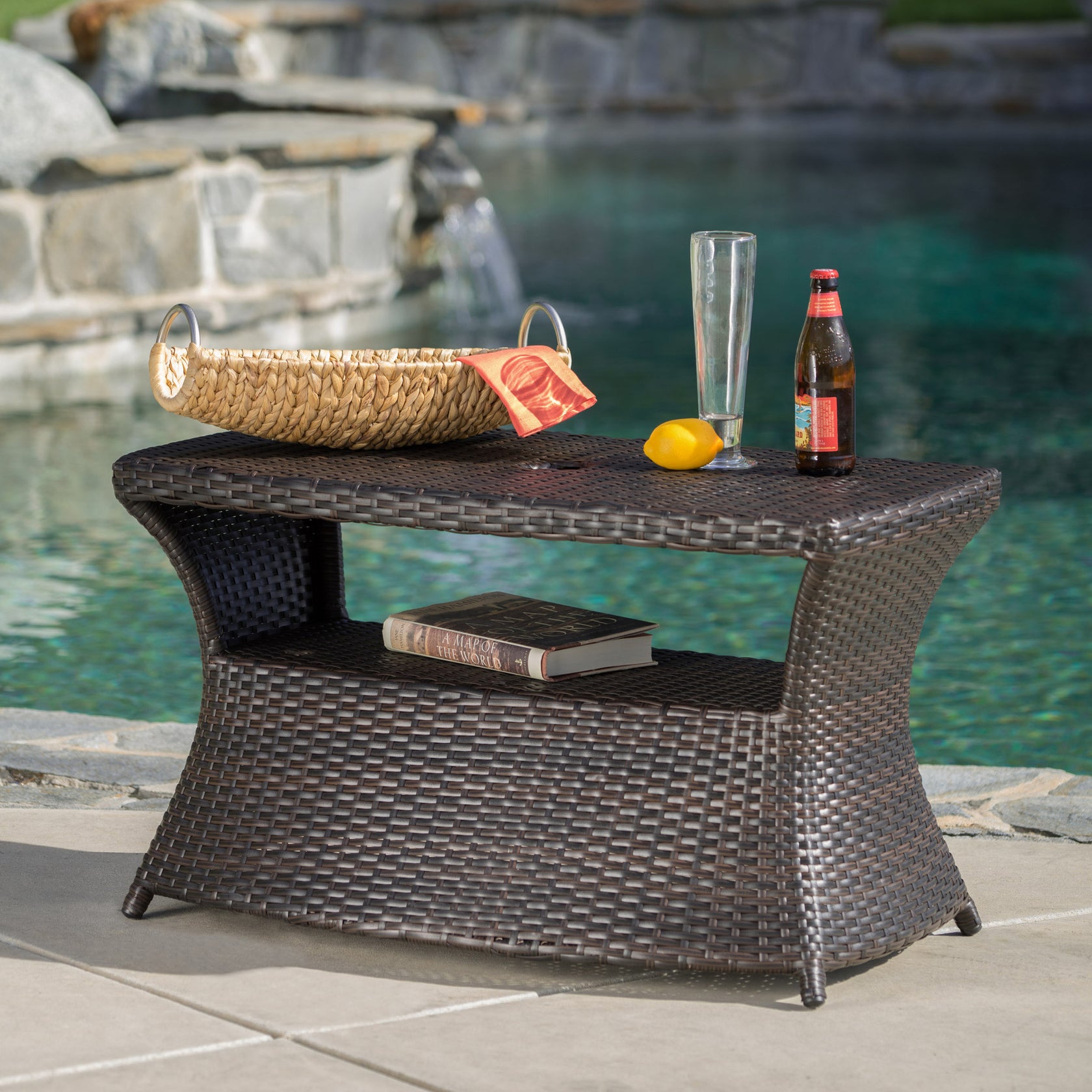 Banta Outdoor Modern Wicker Shelf Side Table with Umbrella Hole GDFStudio
