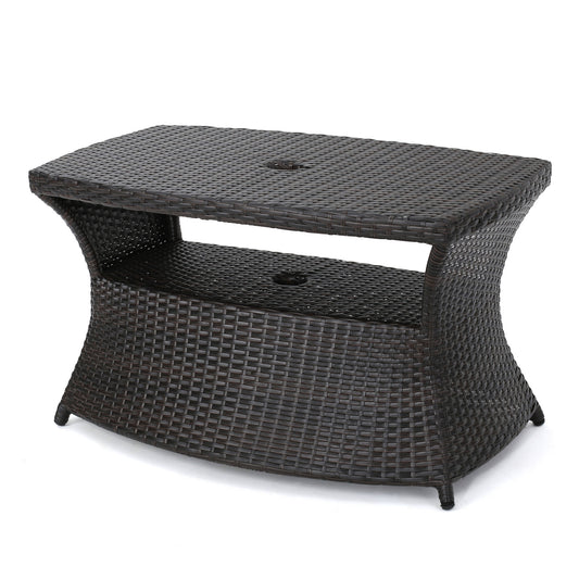Banta Outdoor Modern Wicker Shelf Side Table with Umbrella Hole