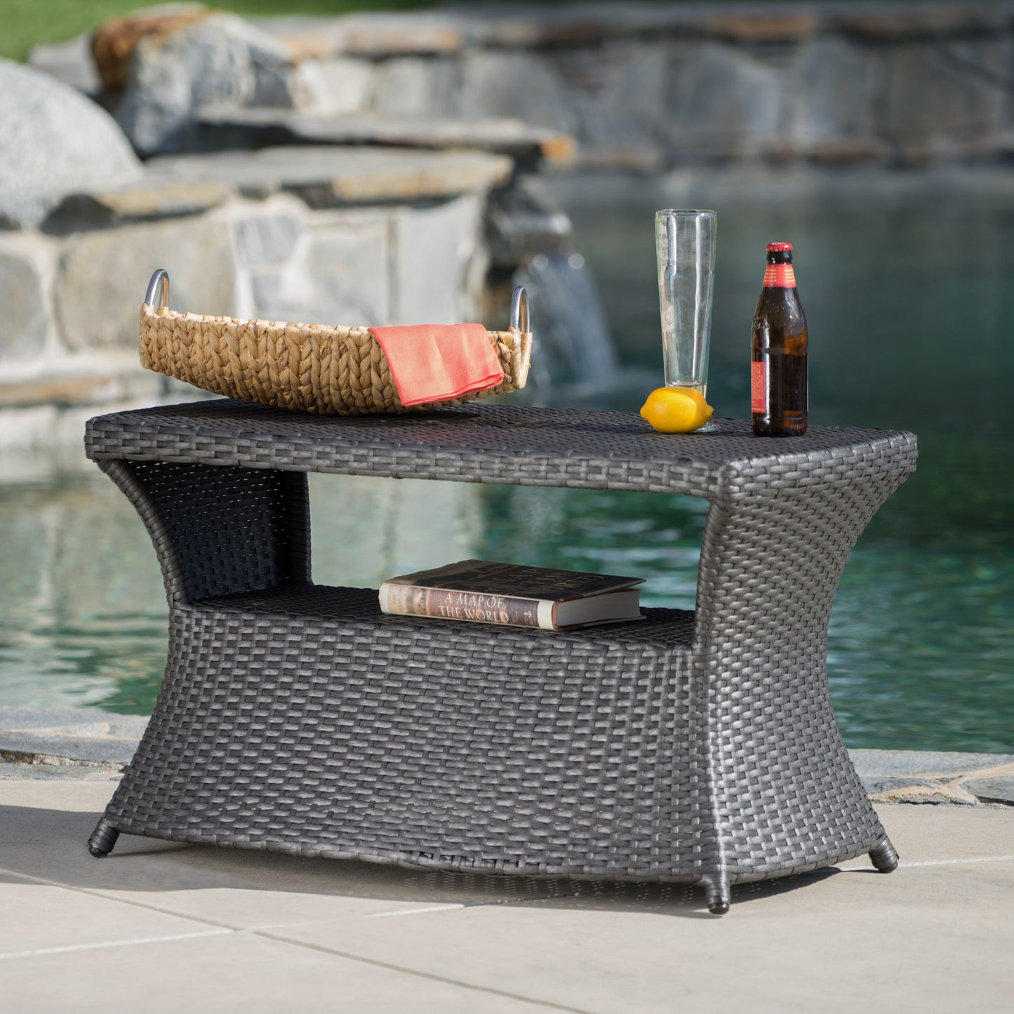 Banta Outdoor Modern Wicker Shelf Side Table with Umbrella Hole