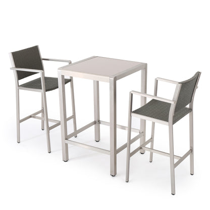 Capral Outdoor 3 Piece Grey Wicker Bar Set with Glass Table Top