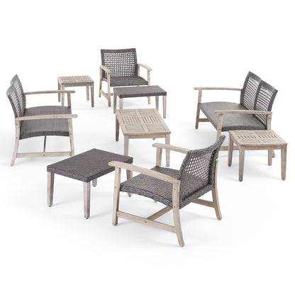 Alyssa Outdoor 9 Piece Wood and Wicker Chat Set