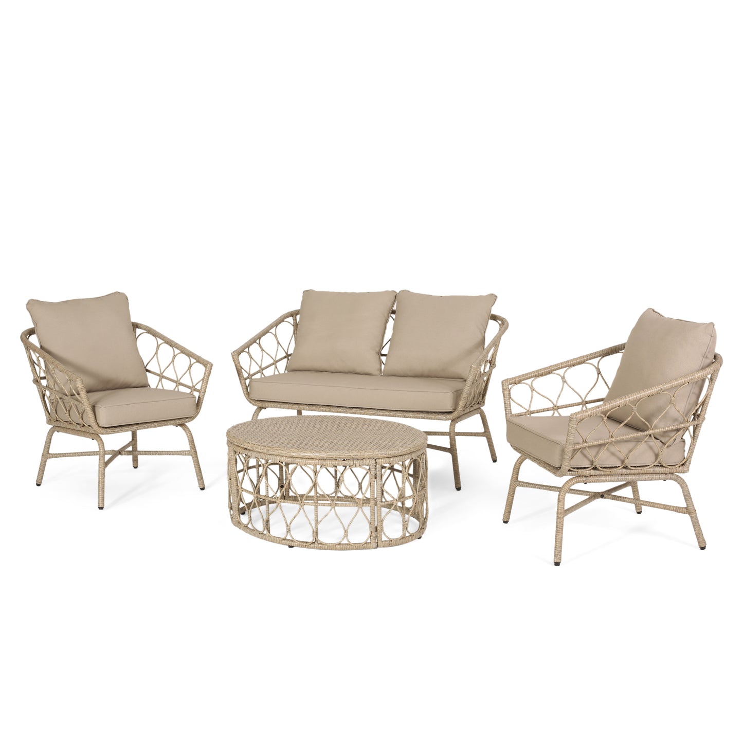 Colmar Outdoor Wicker 4 Seater Chat Set with Cushions, Light Brown and Beige