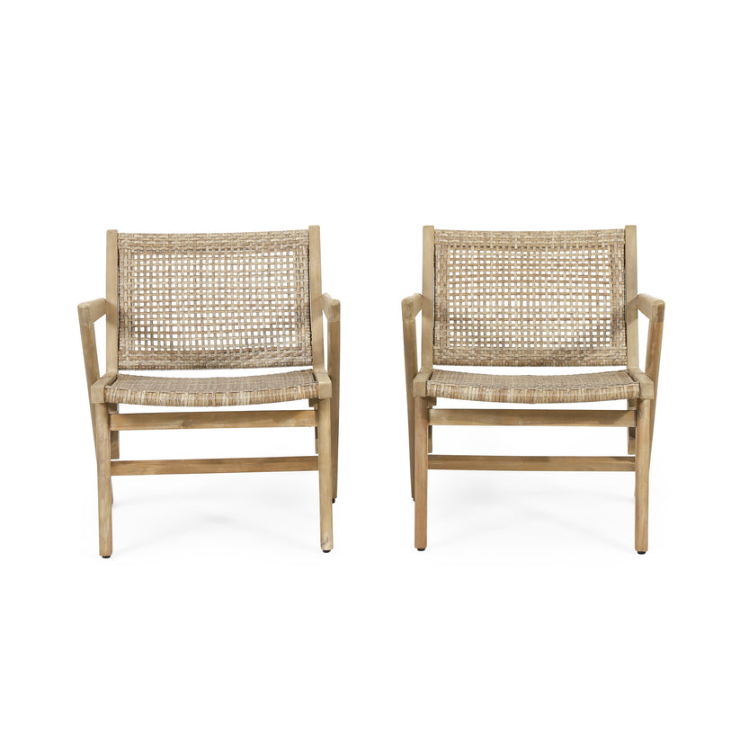 Inez Outdoor Wicker Club Chairs, Set of 2, Light Brown and Light Multi