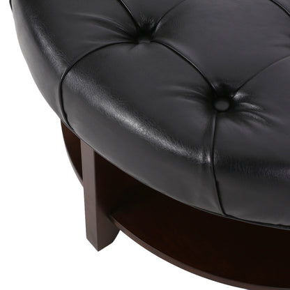 Baynes Contemporary Faux Leather Tufted Wood Round Ottoman with Open Shelf