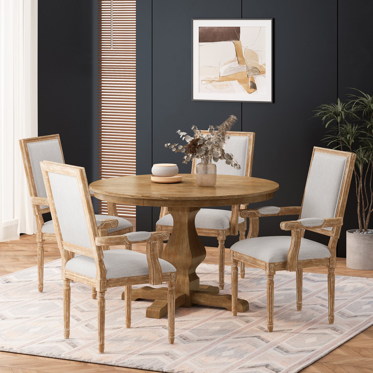 Joretta French Country Fabric Upholstered Wood 5 Piece Circular Dining Set