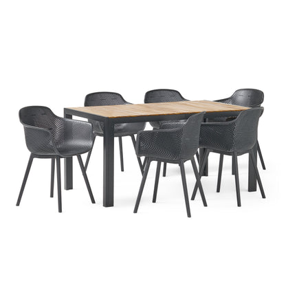 Miramar Outdoor Wood and Resin 7 Piece Dining Set, Black and Teak