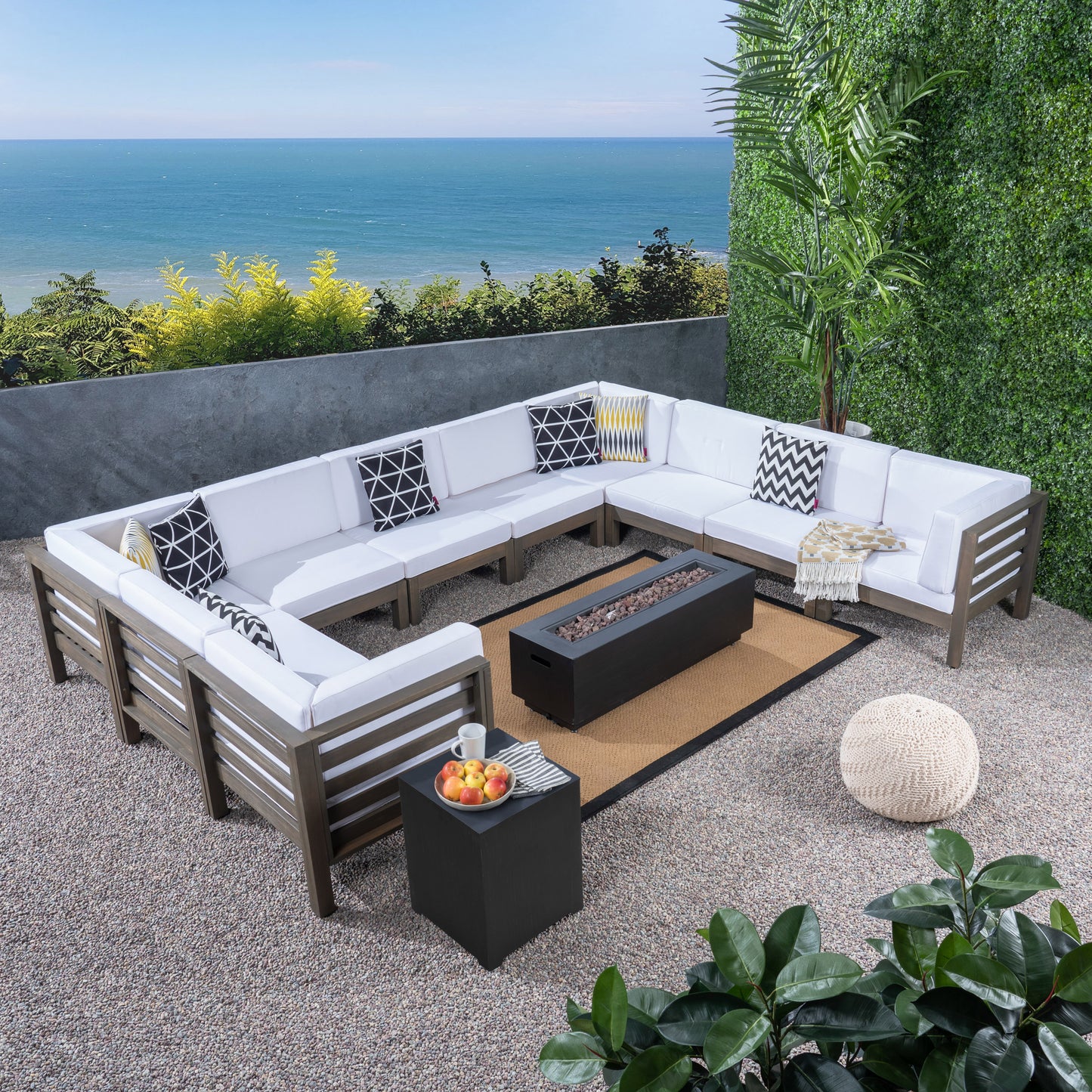 Krystin Outdoor 12 Piece U-Shaped Sectional Sofa Set with Fire Pit