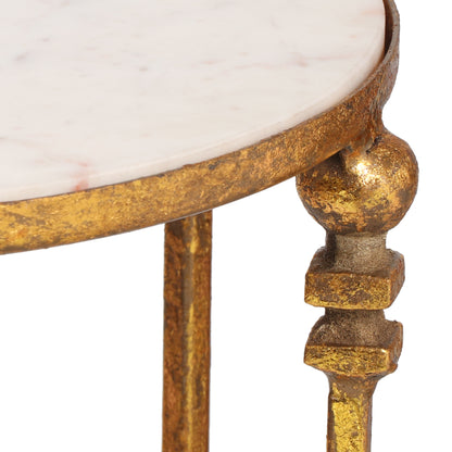 Castellina Modern Glam Handcrafted Marble Top Side Table, Gold and White