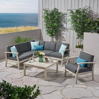 Capri Outdoor 7 Piece Acacia Wood Sectional Sofa and Club Chair Set