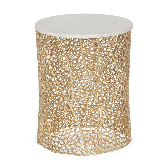 Brinkhaven Modern Glam Handcrafted Aluminum Side Table with Marble Top, White and Gold