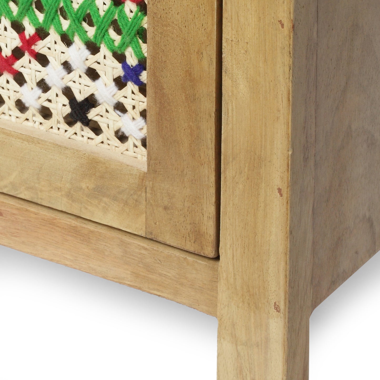Reser Boho Handcrafted Mango Wood Nightstand with Wool Accents, Natural and Multi-Colored