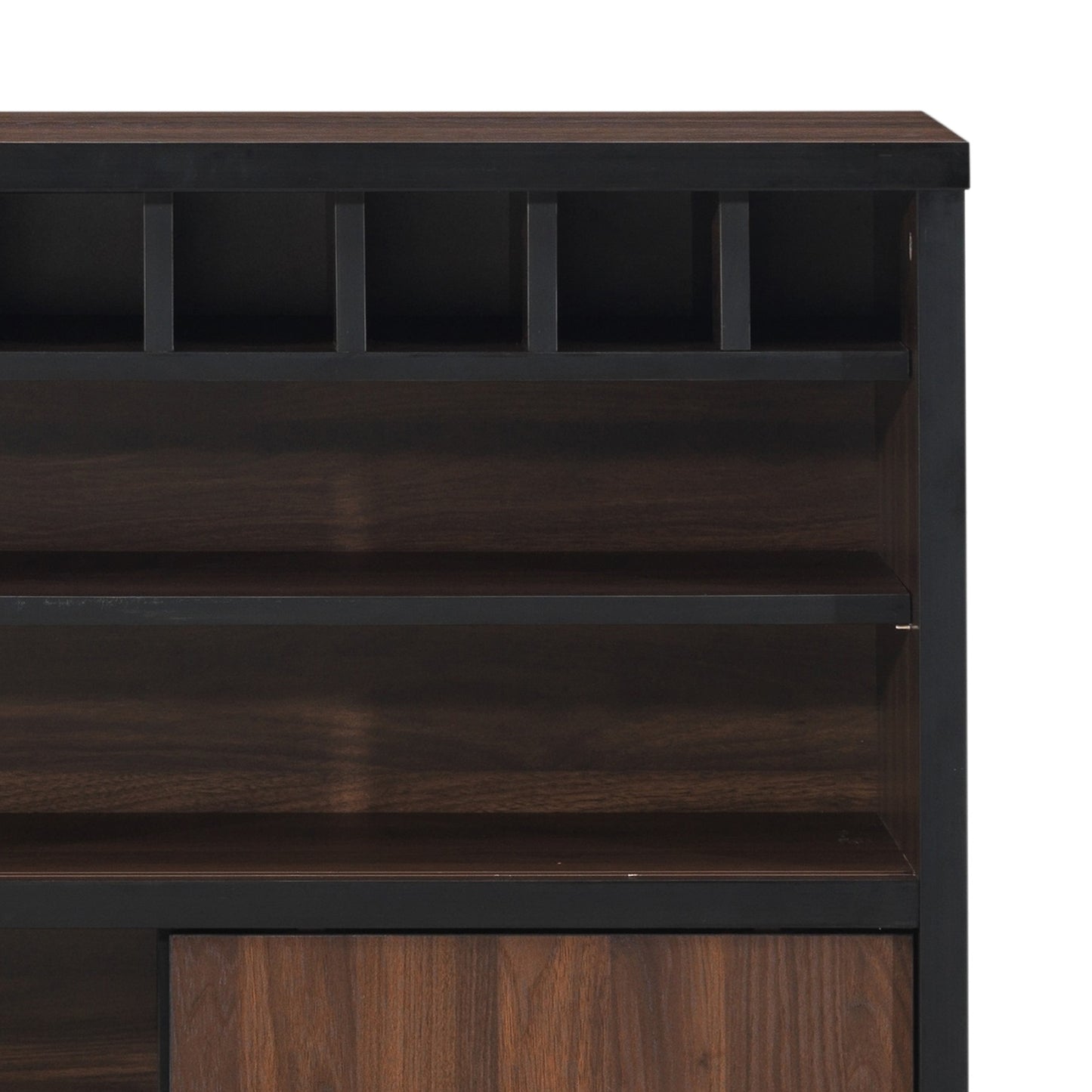 Rowell Modern Industrial Wooden 6 Bottle Wine Cabinet, Walnut, Black, and Dark Brown