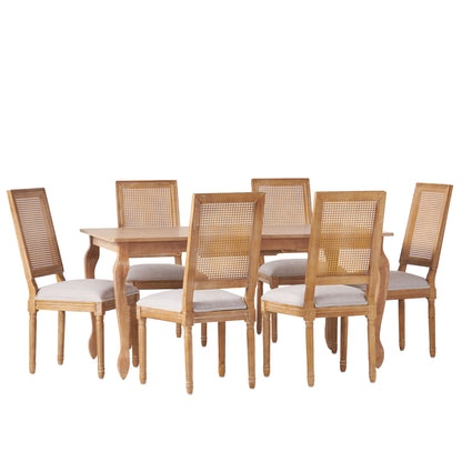 Fernleaf French Country Fabric Upholstered Wood and Cane Expandable 7 Piece Dining Set