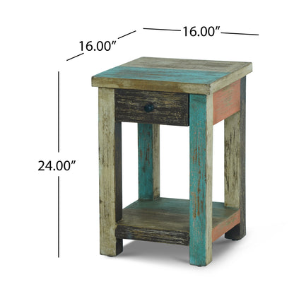 Tracey Boho Handmade Distressed Mango Wood Large Side Table, Multicolored