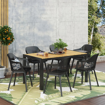 Palmilla Outdoor Wood and Resin 7 Piece Dining Set, Black and Teak