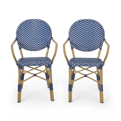 Groveport Outdoor Aluminum French Bistro Chairs, Set of 2, Dark Teal, White, and Bamboo Finish