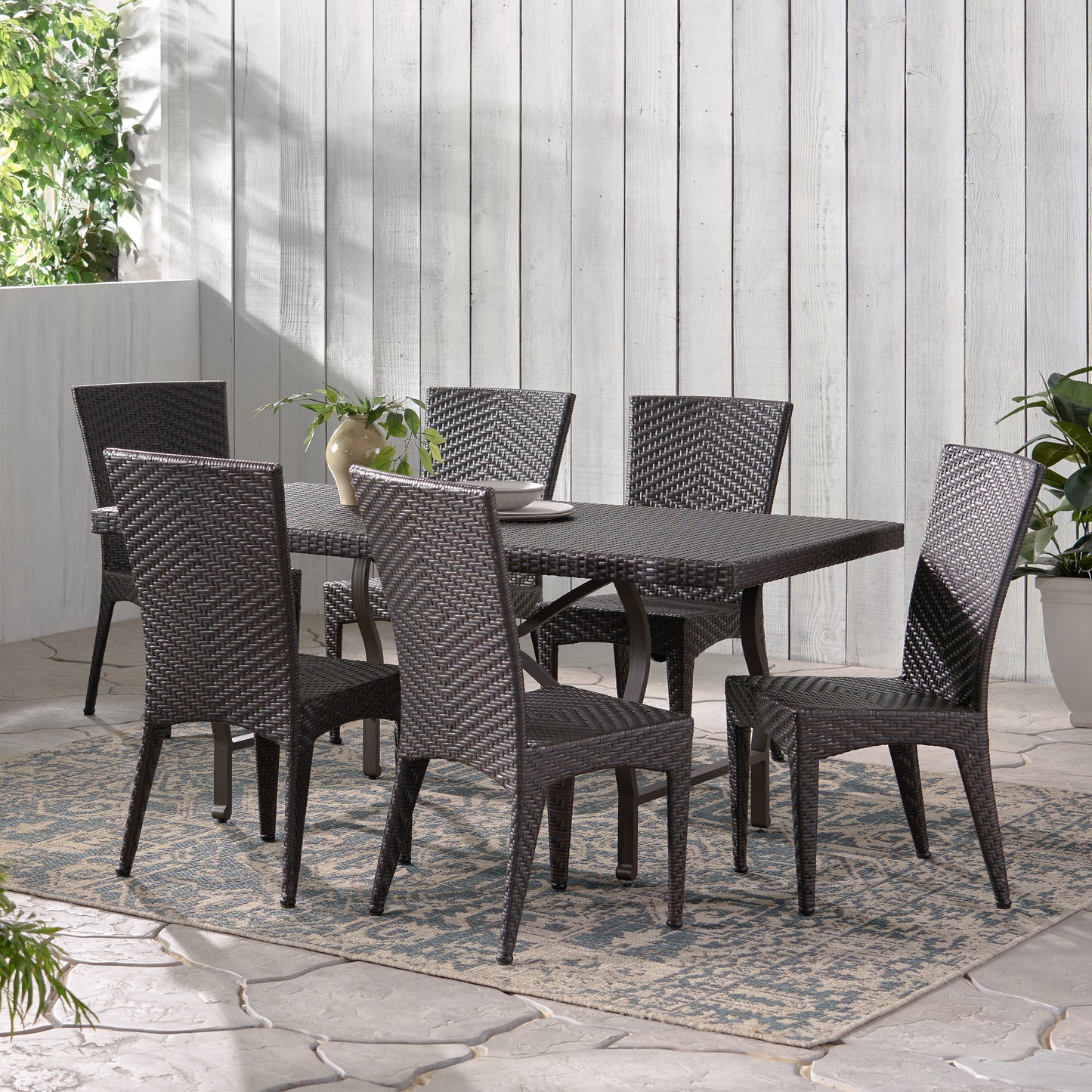Dixie Outdoor Transitional 7-Piece Multi-Brown Wicker Dining Set