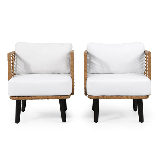 Rauser Outdoor Wicker Club Chair with Water Resistant Cushion, Set of 2, Light Brown and White