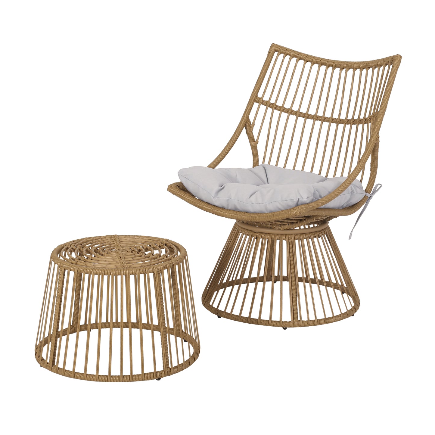 Apulia Outdoor Wicker Chair and Side Table Set with Cushion, Light Brown and Beige