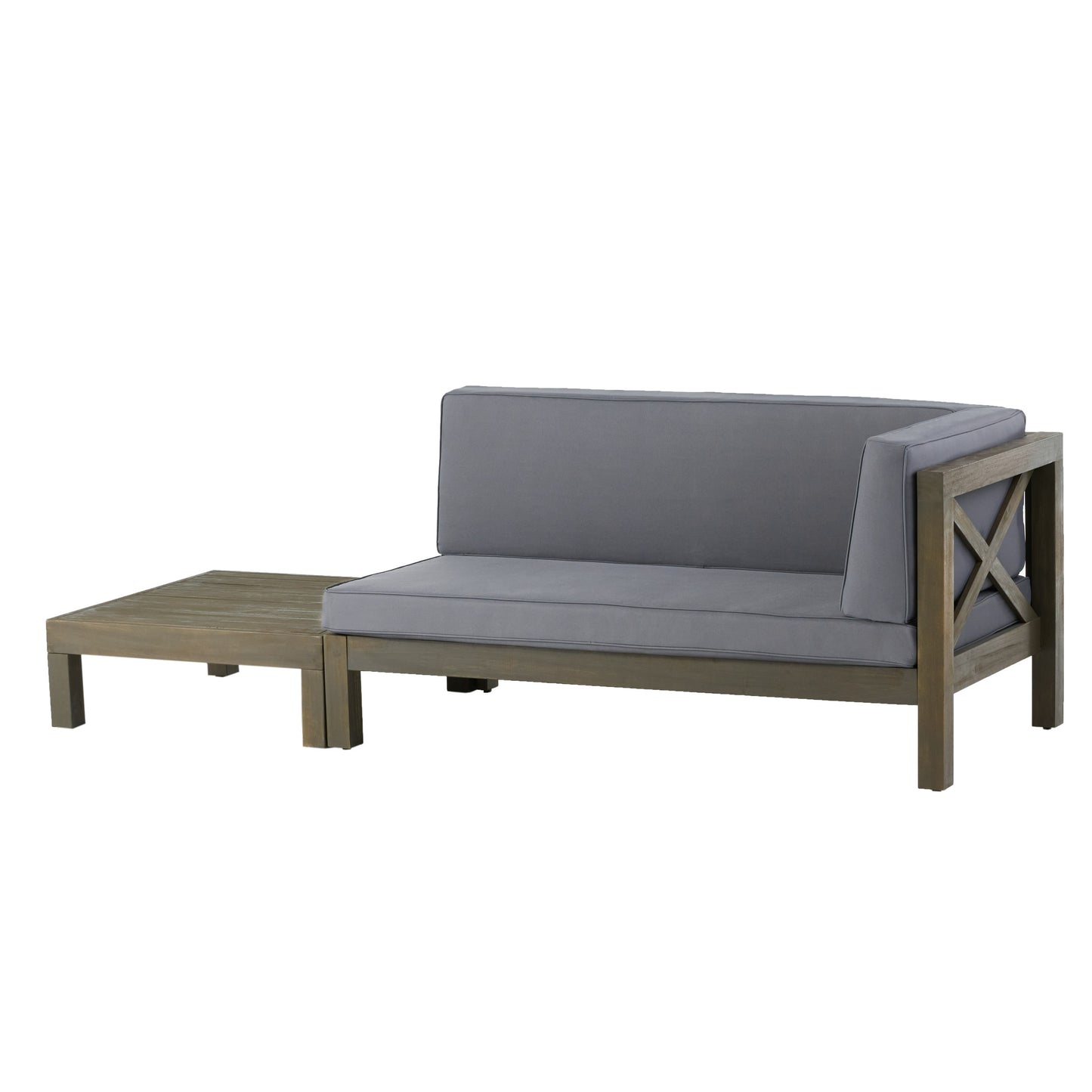 Keith Outdoor Acacia Wood Right Arm Loveseat and Coffee Table Set with Cushion