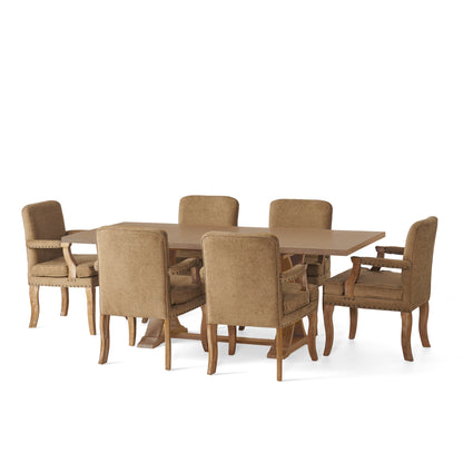 Combes French Country Fabric Upholstered Wood and Cane 7 Piece Expandable Dining Set