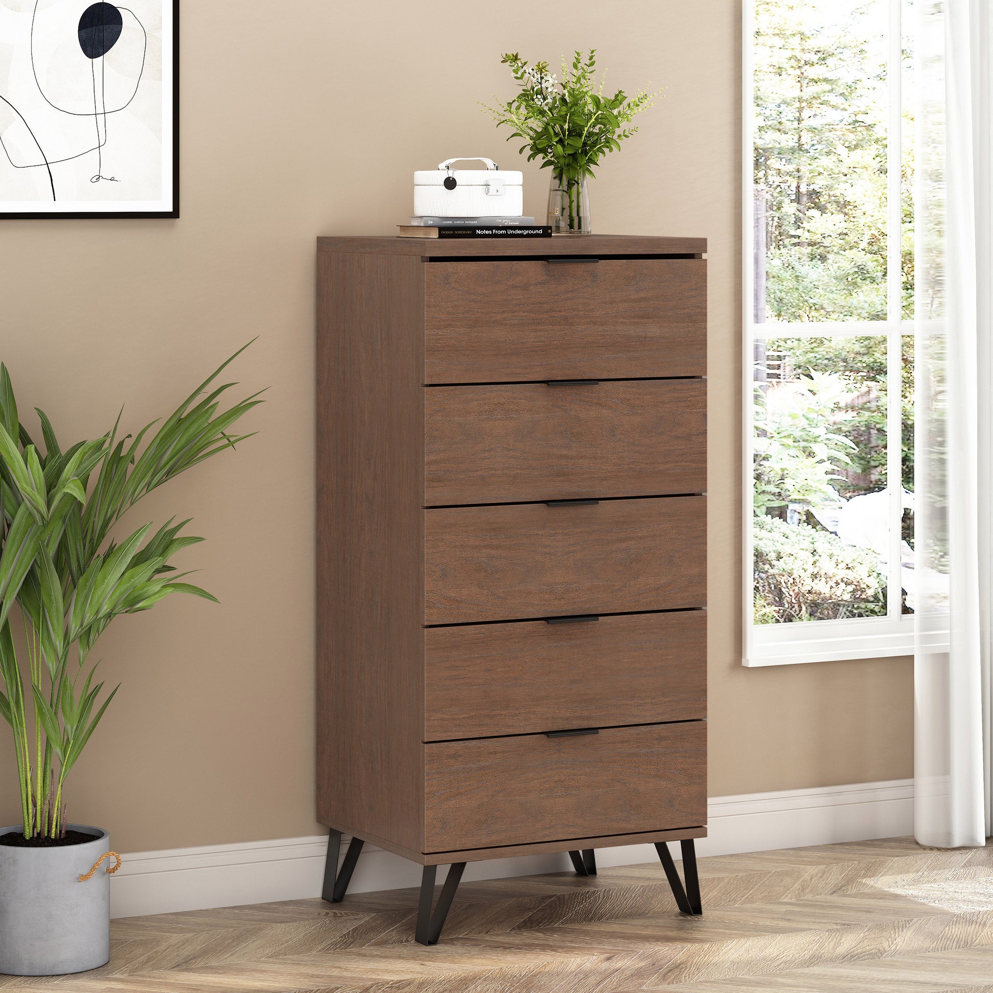 Demijen Modern Industrial 5 Drawer Dresser, Walnut and Matte Black Demijen Modern Industrial 5 Drawer Dresser, Walnut and Matte Black