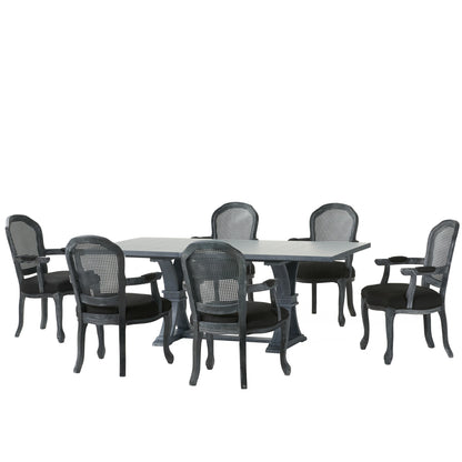 Mariette French Country Fabric Upholstered Wood and Cane 7 Piece Expandable Dining Set