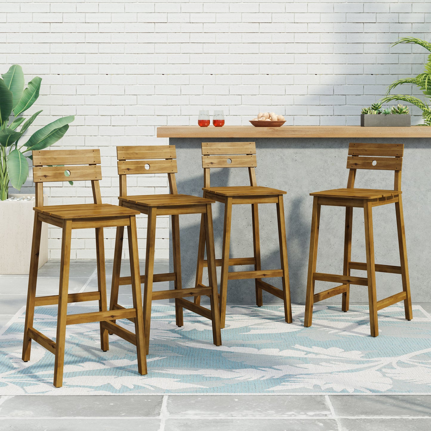 Munro Outdoor/Indoor Acacia Wood Backed Barstools, Set of 4, Teak