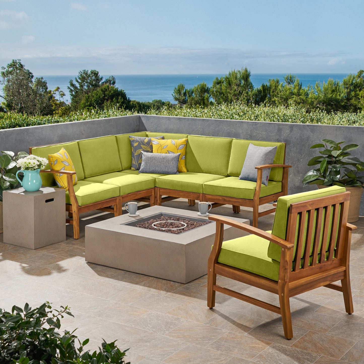 Nyeemah Outdoor 6 Seater Acacia Wood Sofa Set with Square Fire Table and Tank