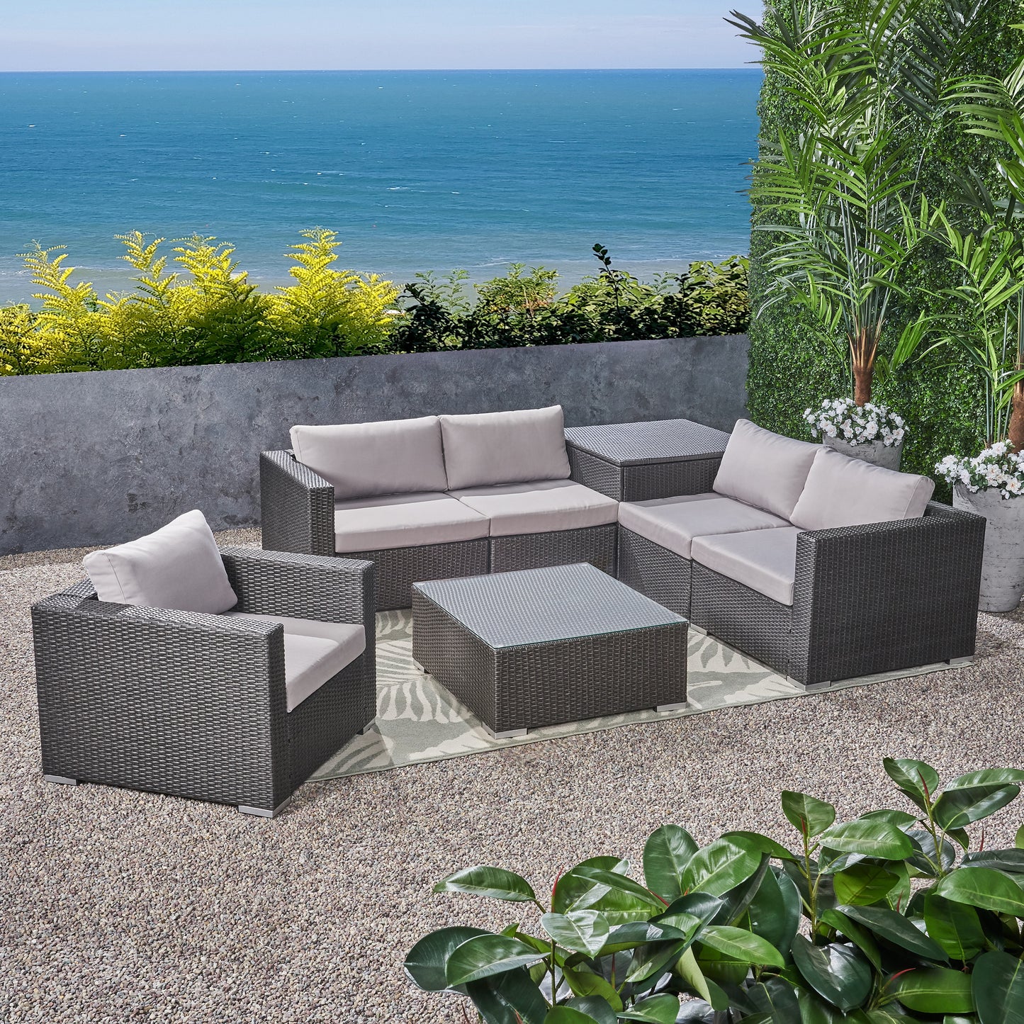 Valentina Outdoor 5-Seater Sectional Sofa Set with Club Chair and Storage Ottoman