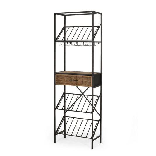 Broadwater Boho Industrial 21 Bottle Floor Wine Rack with Storage, Natural and Black