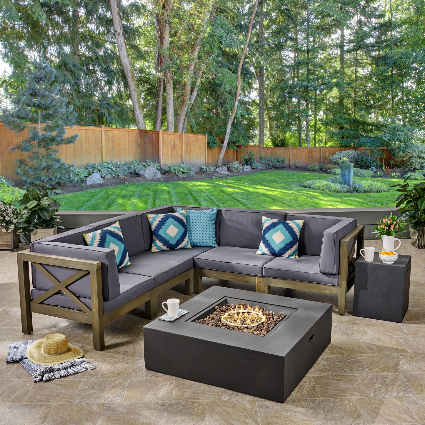 Kaylee Outdoor Acacia Wood 5 Seater Sectional Sofa Set with Fire Pit