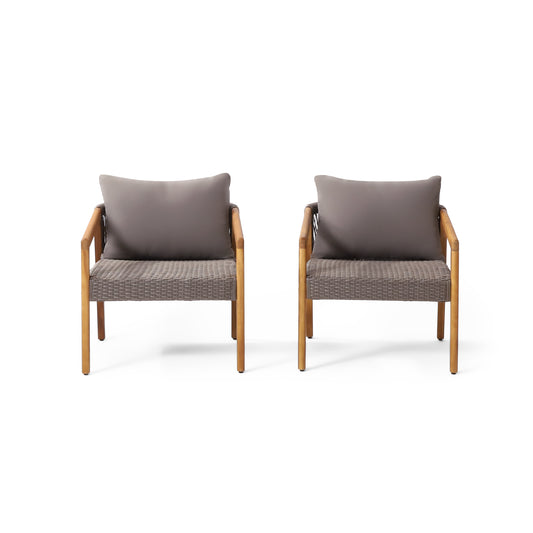 Breck Outdoor Acacia Wood and Wicker Club Chairs with Cushion, Set of 2, Teak and Gray