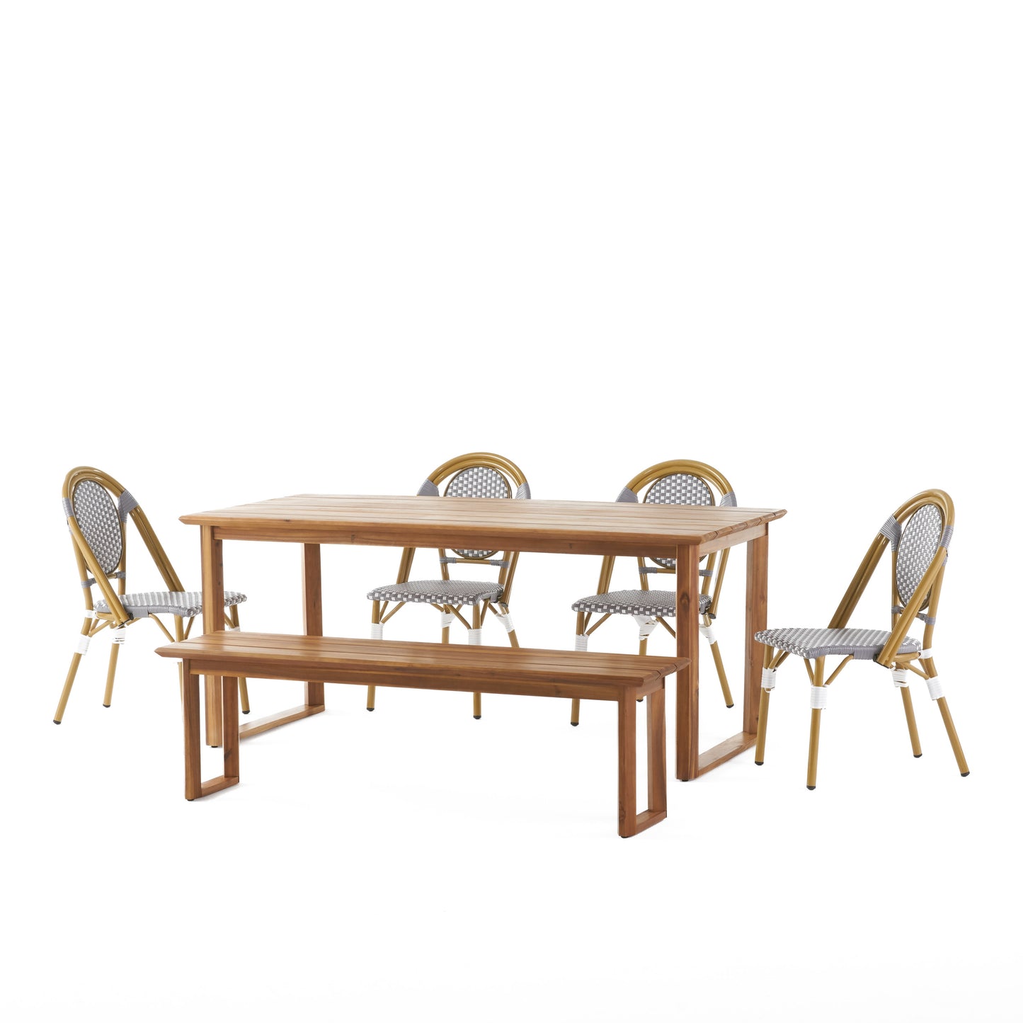 Varva Outdoor Acacia Wood and Wicker 6 Piece Dining Set with Bench