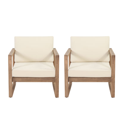 Petteti Outdoor Acacia Wood Club Chairs with Cushions, Set of 2, Brown and Beige