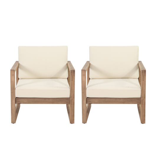 Petteti Outdoor Acacia Wood Club Chairs with Cushions, Set of 2, Brown and Beige