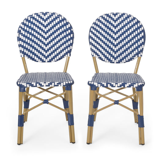 Deshler Outdoor Aluminum French Bistro Chairs, Set of 2, Navy Blue, White, and Bamboo Finish